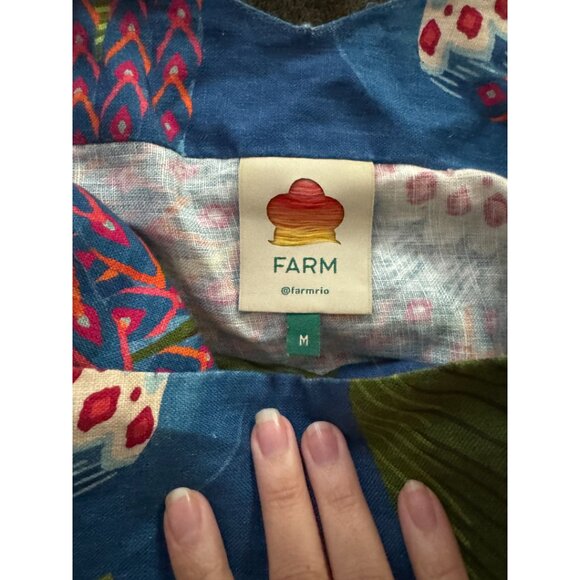 Farm Rio Blue Macaw Parrot Bird Square Neck Sleeveless Linen Mini Dress Sz M - Picture 3 of 8